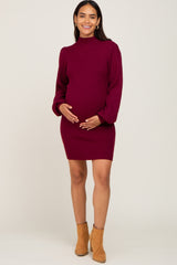 Burgundy Mock Neck Puff Sleeve Maternity Sweater Dress