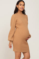 Camel Mock Neck Puff Sleeve Maternity Sweater Dress