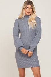 Heather Grey Mock Neck Puff Sleeve Sweater Dress