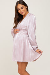 Mauve Metallic Long Sleeve V-Neck Maternity Dress