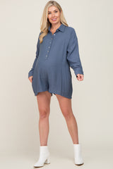 Blue Collared Button Front Maternity Romper