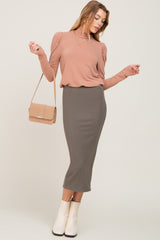 Taupe Ruffled Mock Neck Long Sleeve Top