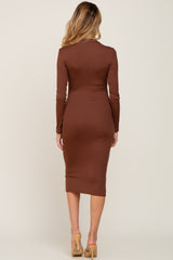 Brown Ribbed Fitted Mock Neck Long Sleeve Maternity Dress