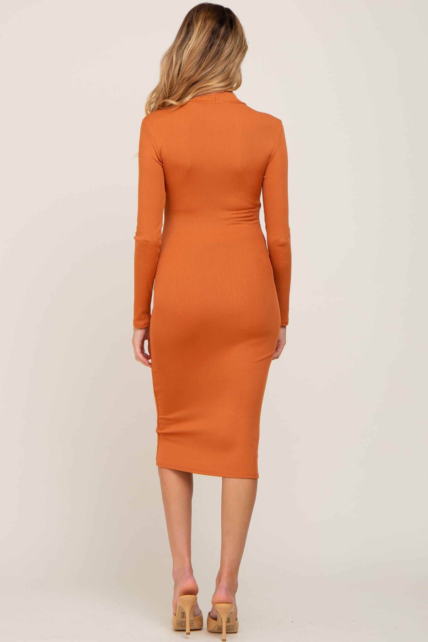 Orange Ribbed Fitted Mock Neck Long Sleeve Maternity Dress PinkBlush Orange Ribbed Fitted Mock Neck Long Sleeve Maternity Dress PinkBlush
