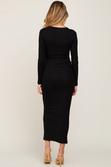 Black Ribbed Long Sleeve Maternity Maxi Dress