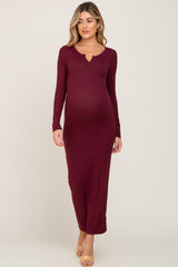 Burgundy Ribbed Long Sleeve Maternity Maxi Dress