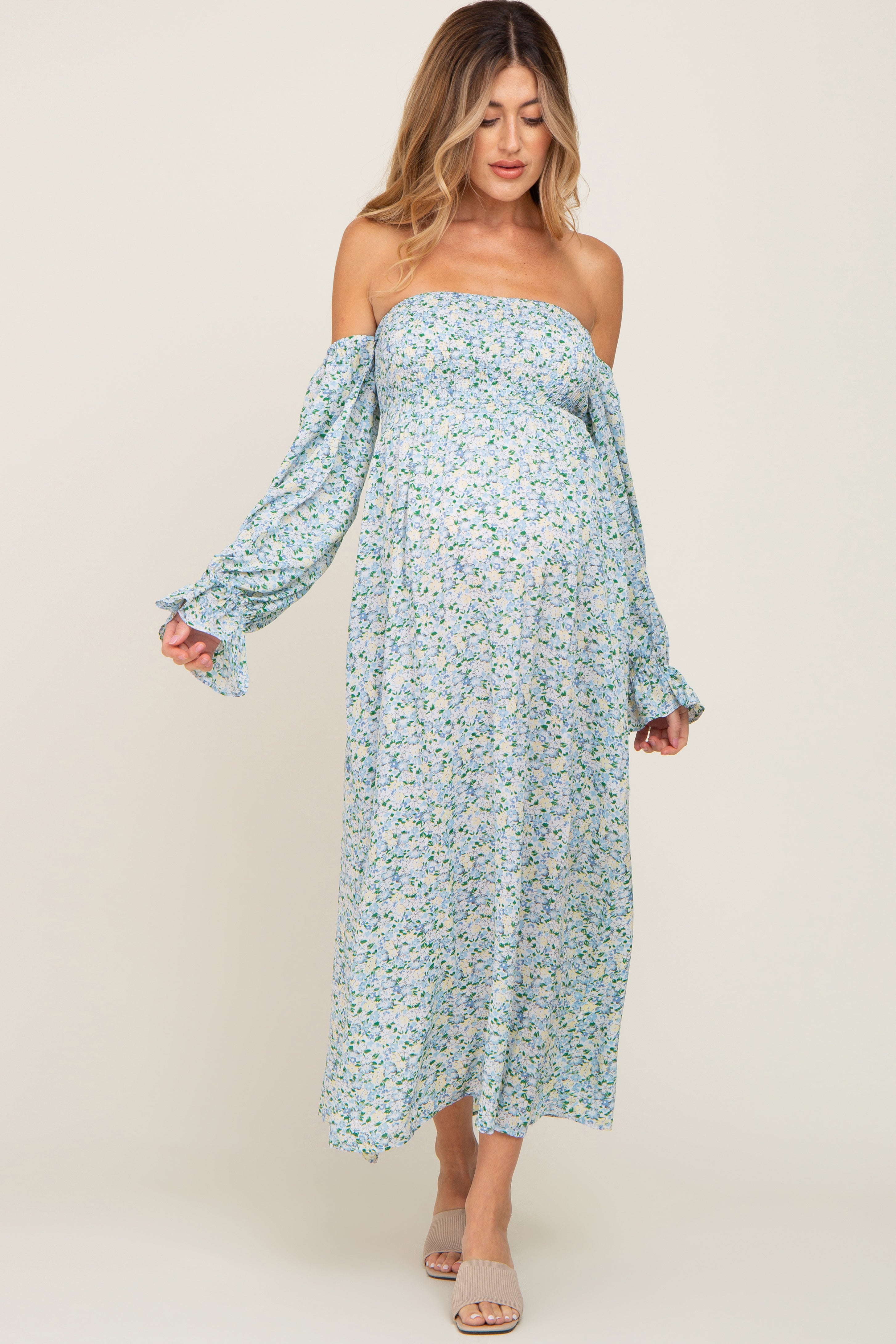 Light Blue Floral Off Shoulder Long Sleeve Maternity Maxi Dress– PinkBlush