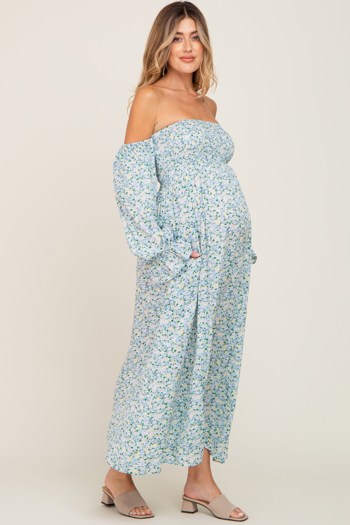 Light Blue Floral Off Shoulder Long Sleeve Maternity Maxi Dress – PinkBlush