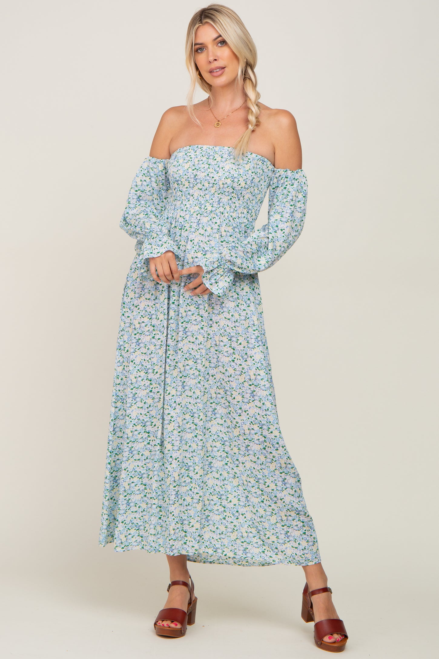 Light Blue Floral Off Shoulder Long Sleeve Maternity Maxi Dress– PinkBlush