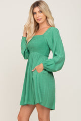 Green Smocked Long Sleeve Dress