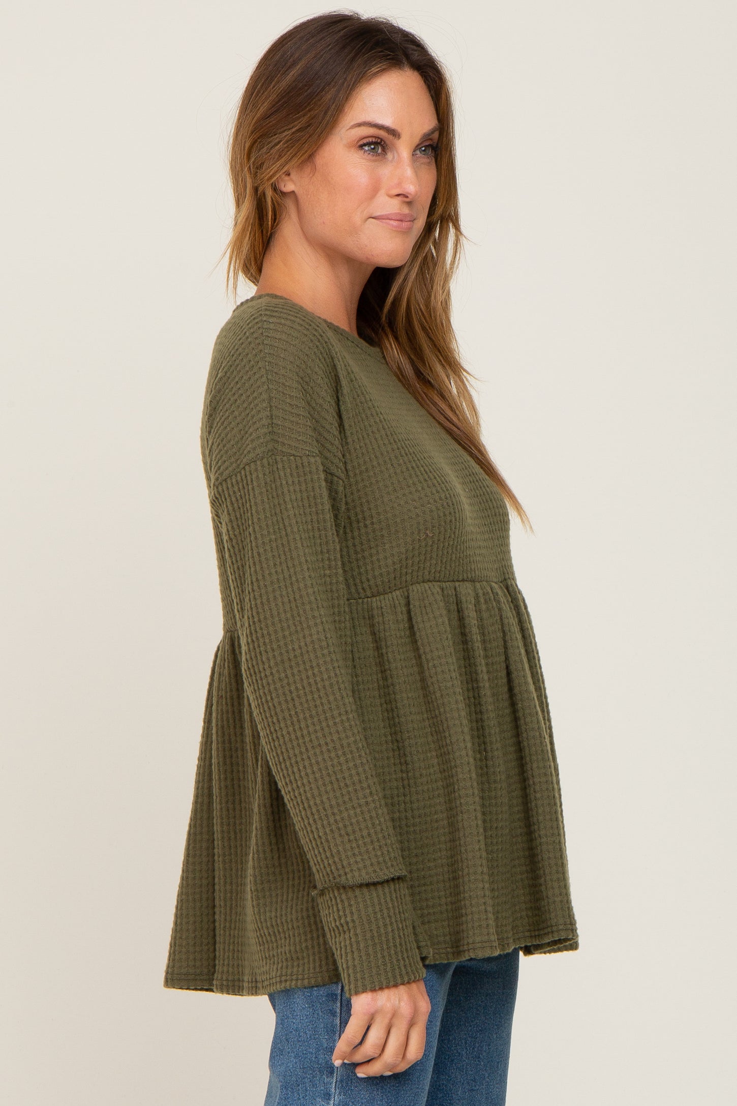 Olive Waffle Knit Long Sleeve Top