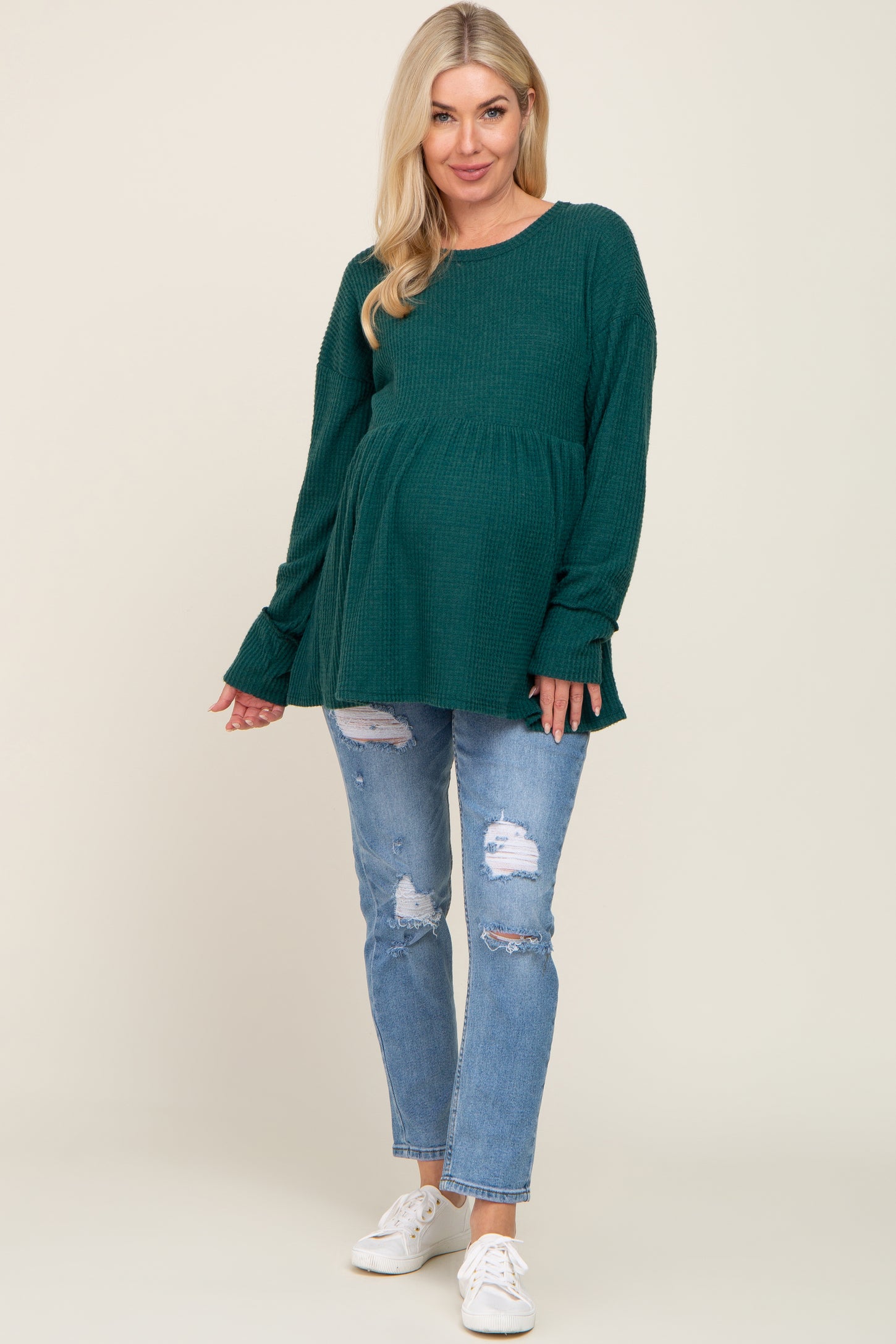Forest Green Waffle Knit Long Sleeve Maternity Top