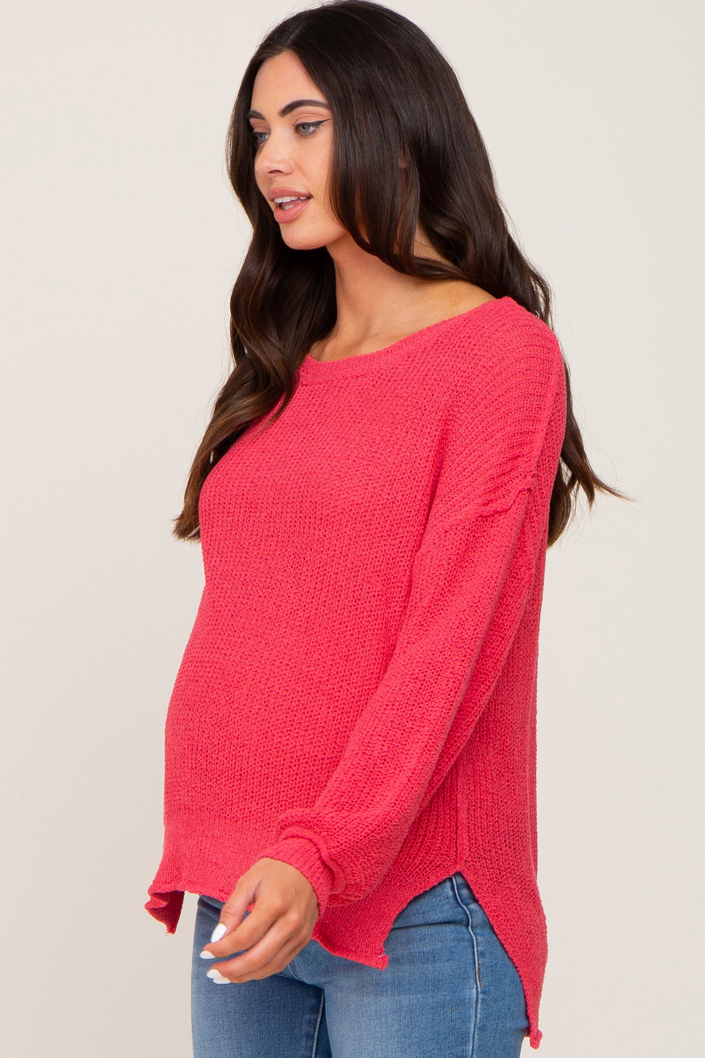 Fuchsia Basic Side Slit Maternity Sweater