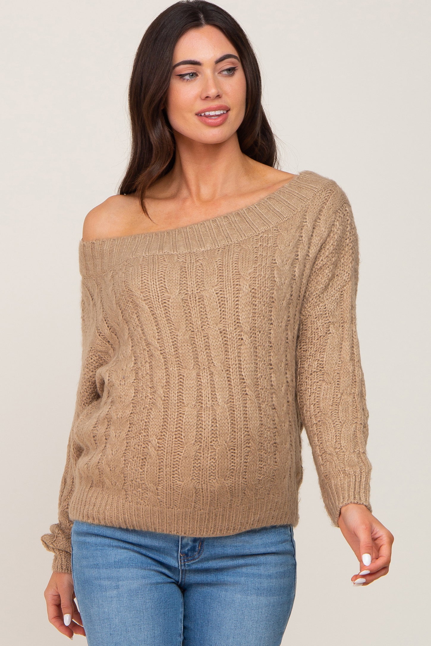 Mocha Boat Neck Cable Knit Maternity Sweater PinkBlush