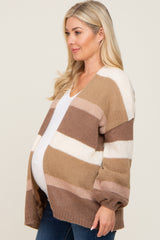 Mocha Striped Open Knit Maternity Cardigan