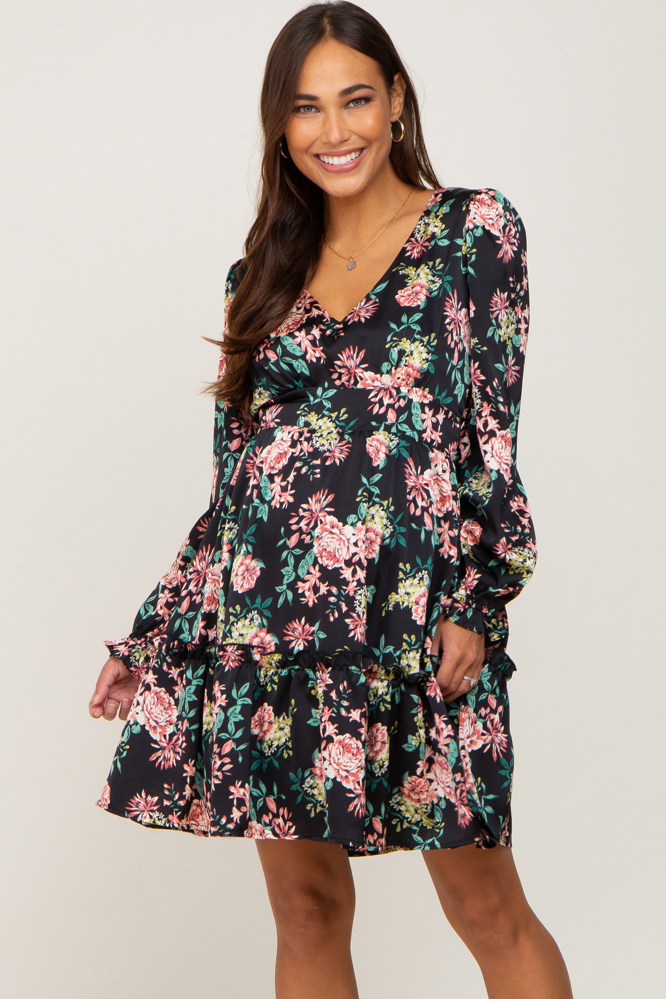 Black Floral V-Neck Satin Maternity Dress – PinkBlush