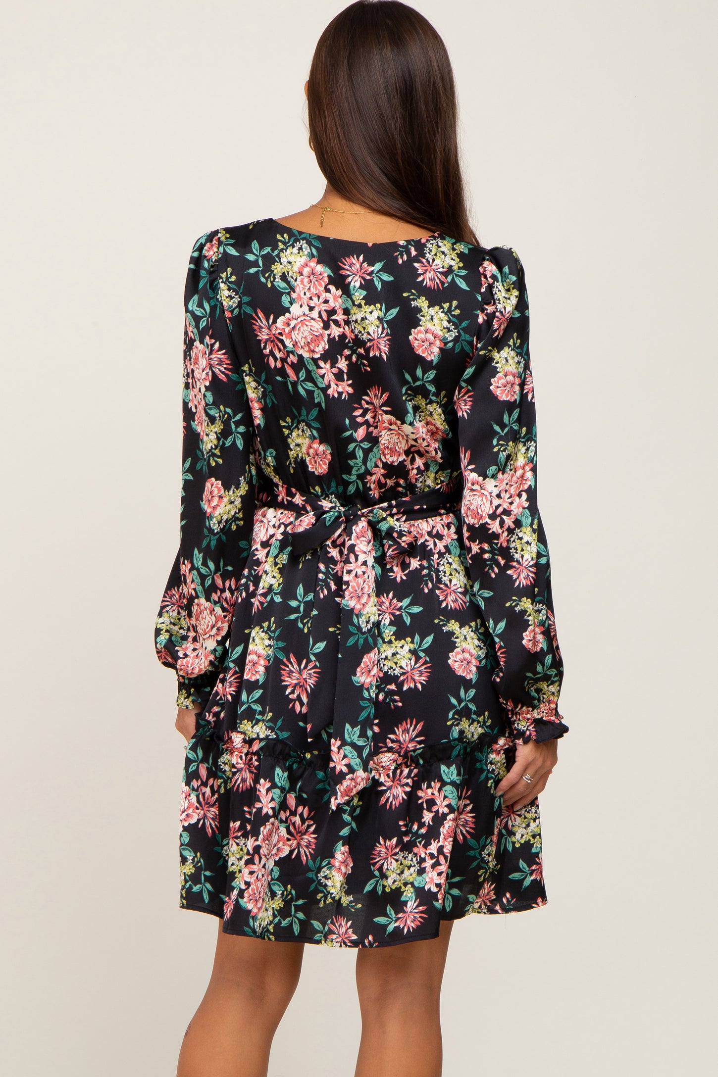 Black Floral V-Neck Satin Maternity Dress – PinkBlush