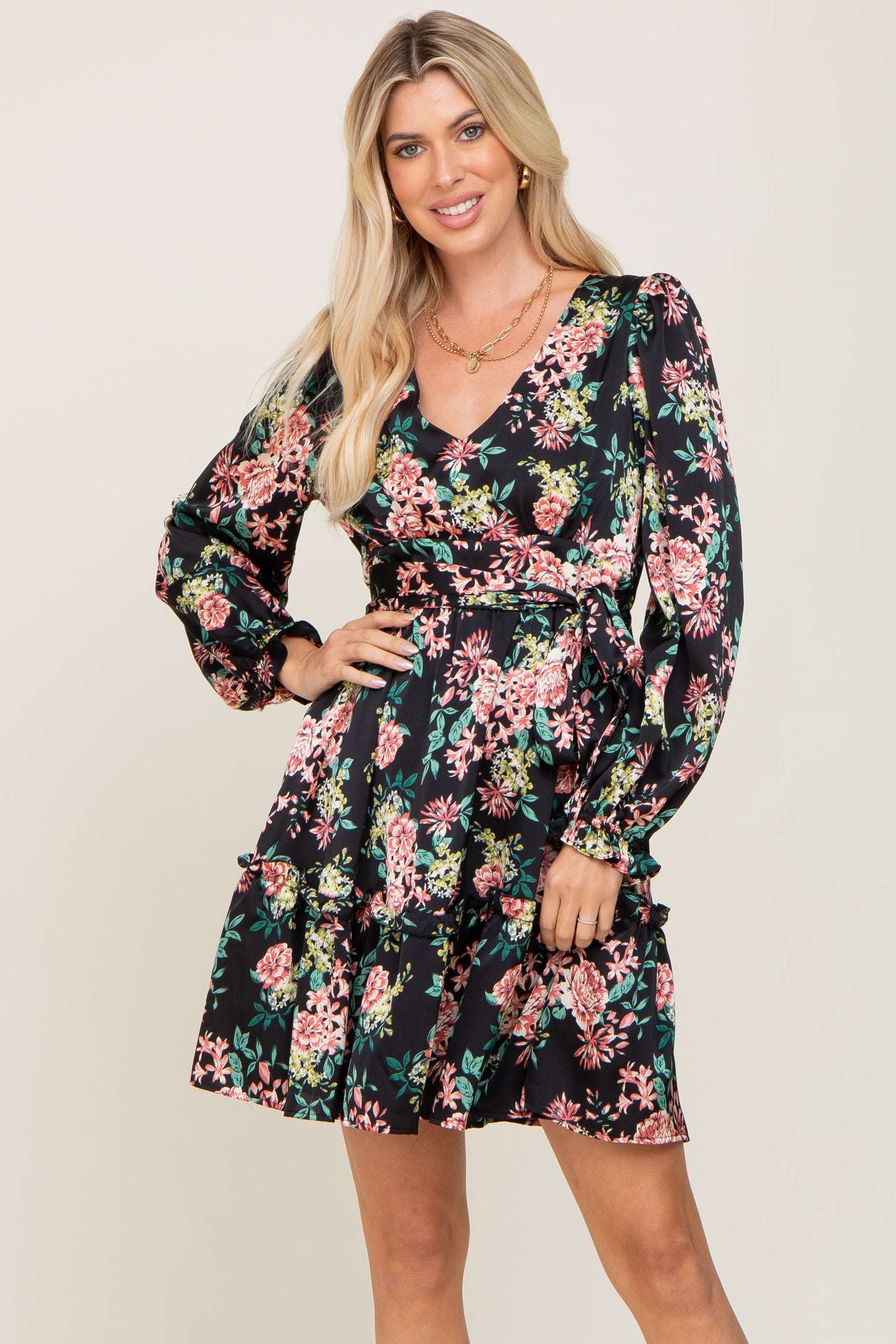 Black Floral V-Neck Satin Maternity Dress – PinkBlush