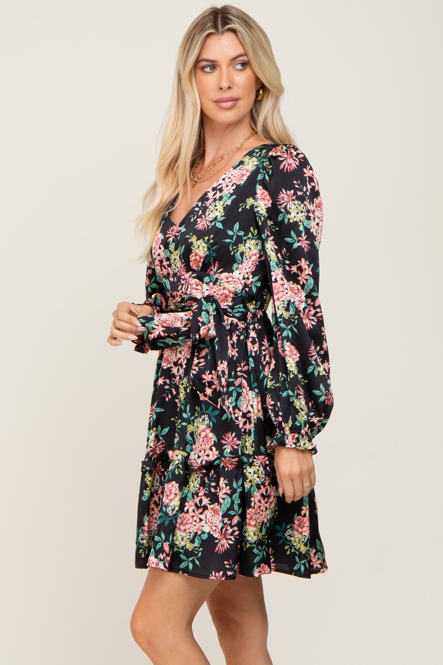 Black Floral V-Neck Satin Dress – PinkBlush