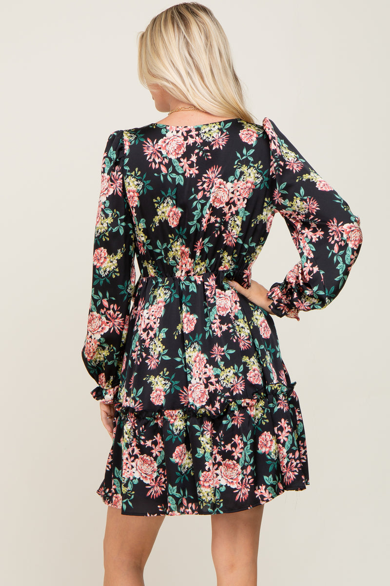 Black Floral V-Neck Satin Dress – PinkBlush