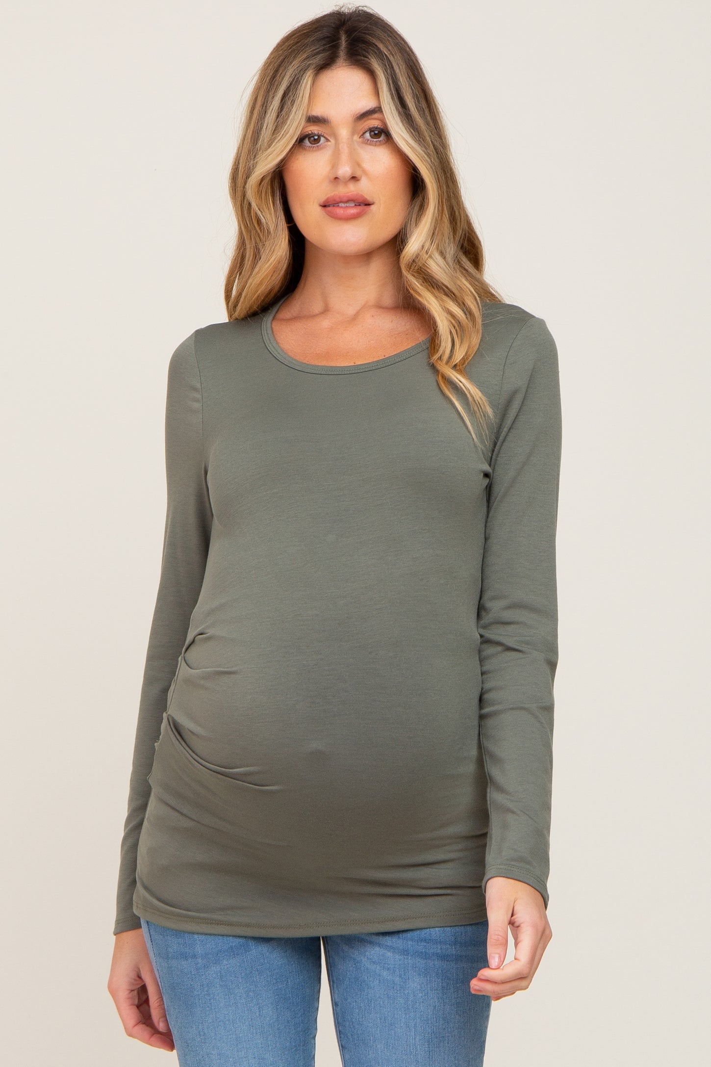 Light Olive Rolled Cuff Maternity Short Sleeve Top