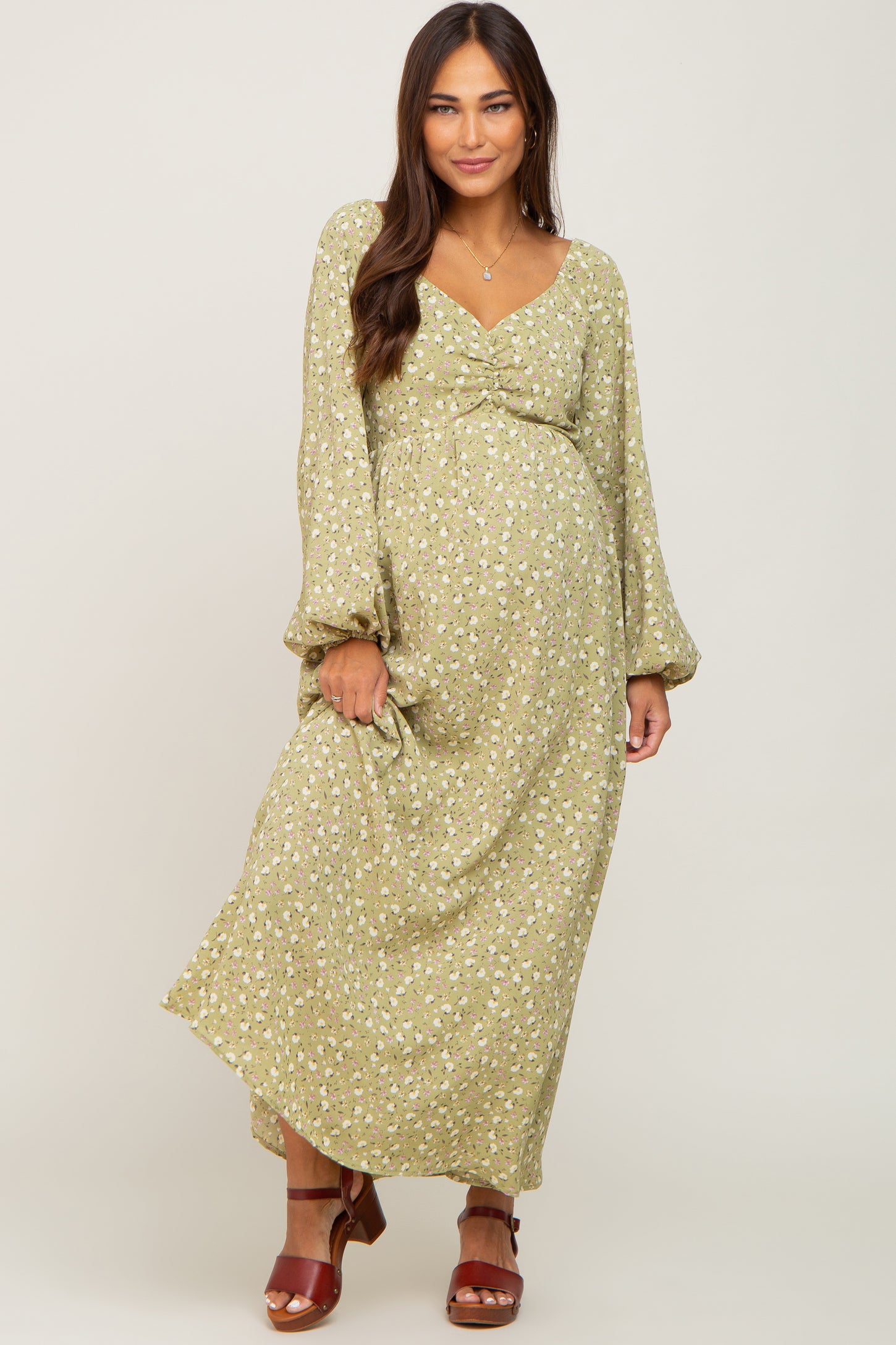 Light Green Floral Sweetheart Maternity Maxi Dress PinkBlush