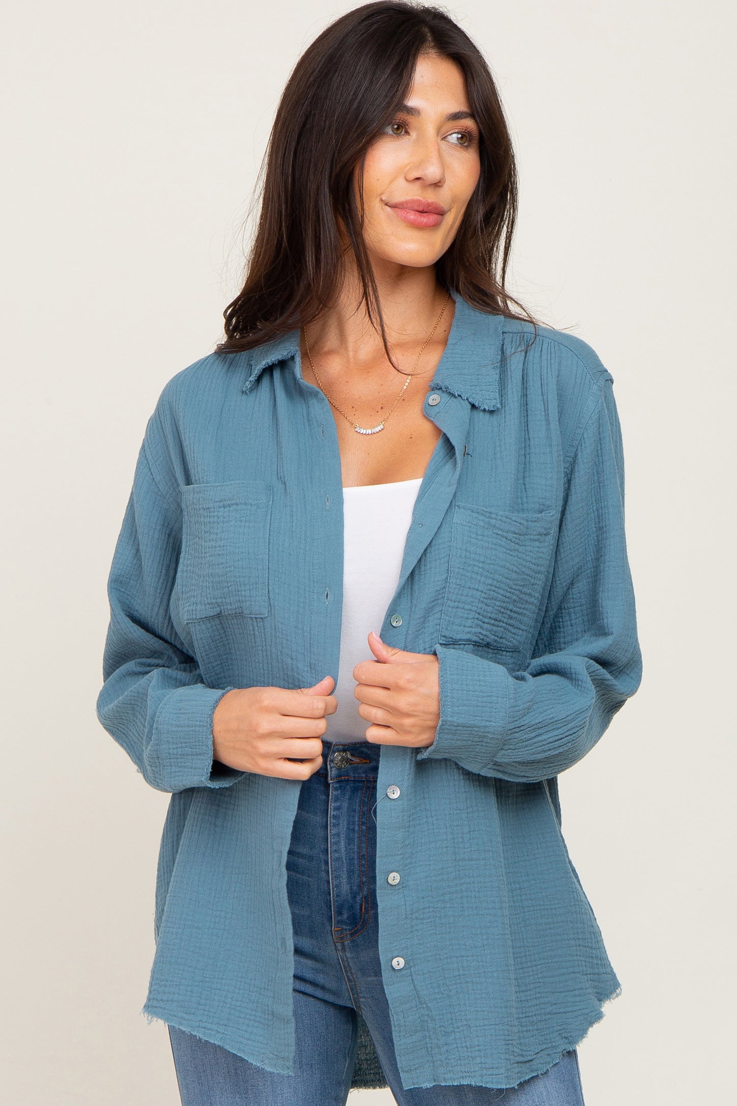 Blue Frayed Hem Button Down Maternity Top