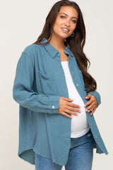 Blue Frayed Hem Button Down Maternity Top