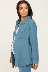 Blue Frayed Hem Button Down Maternity Top