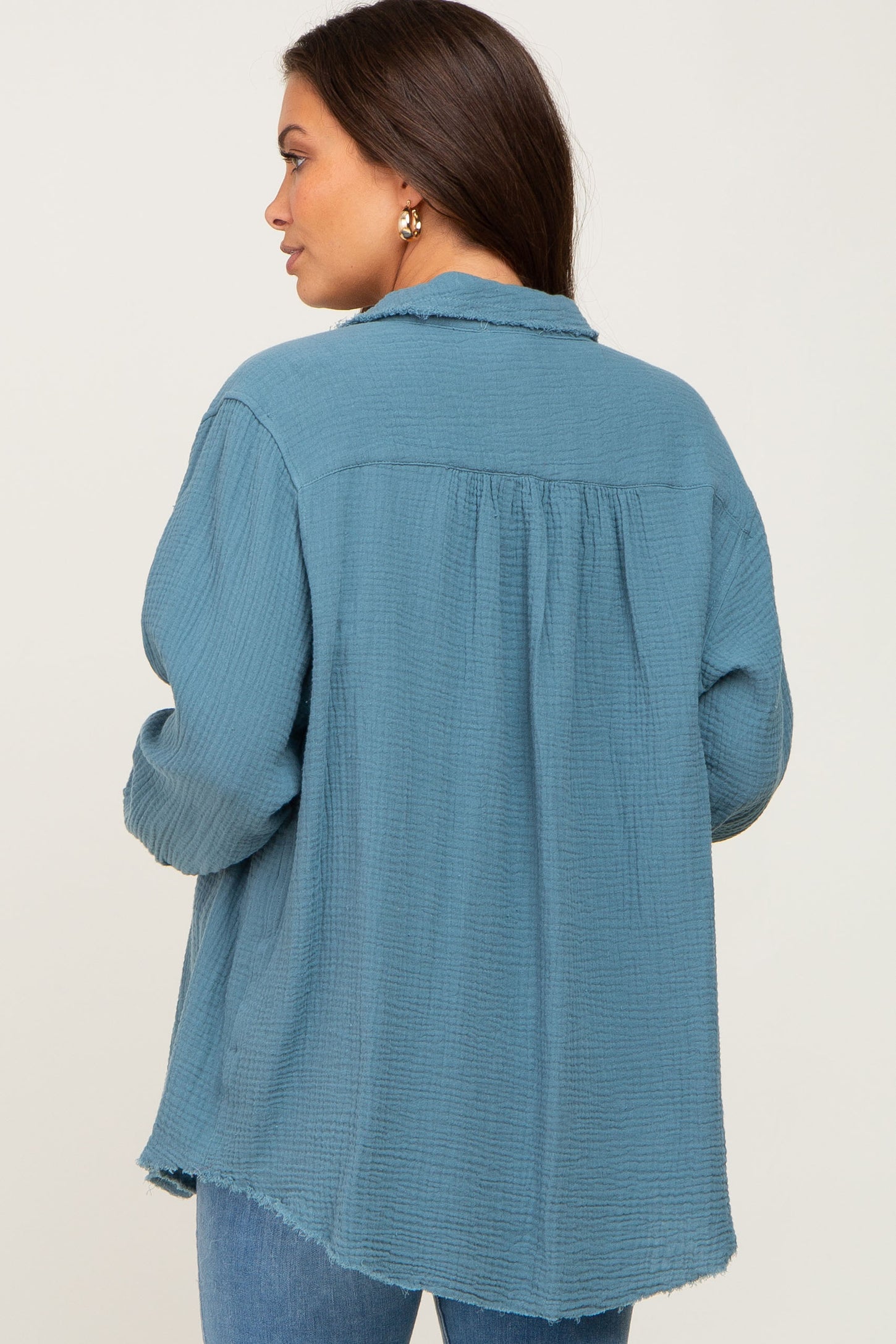 Blue Frayed Hem Button Down Maternity Top