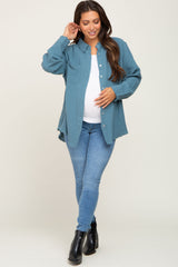 Blue Frayed Hem Button Down Maternity Top