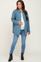 Blue Frayed Hem Button Down Maternity Top