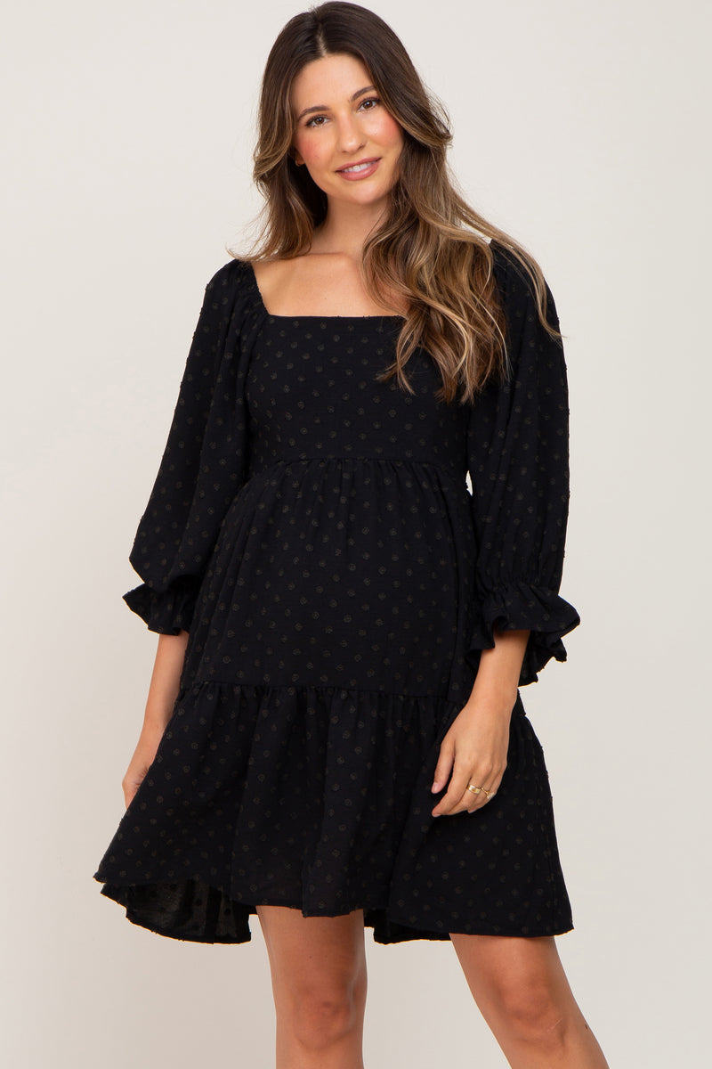 Black Swiss Dot 3/4 Sleeve Maternity Dress– PinkBlush