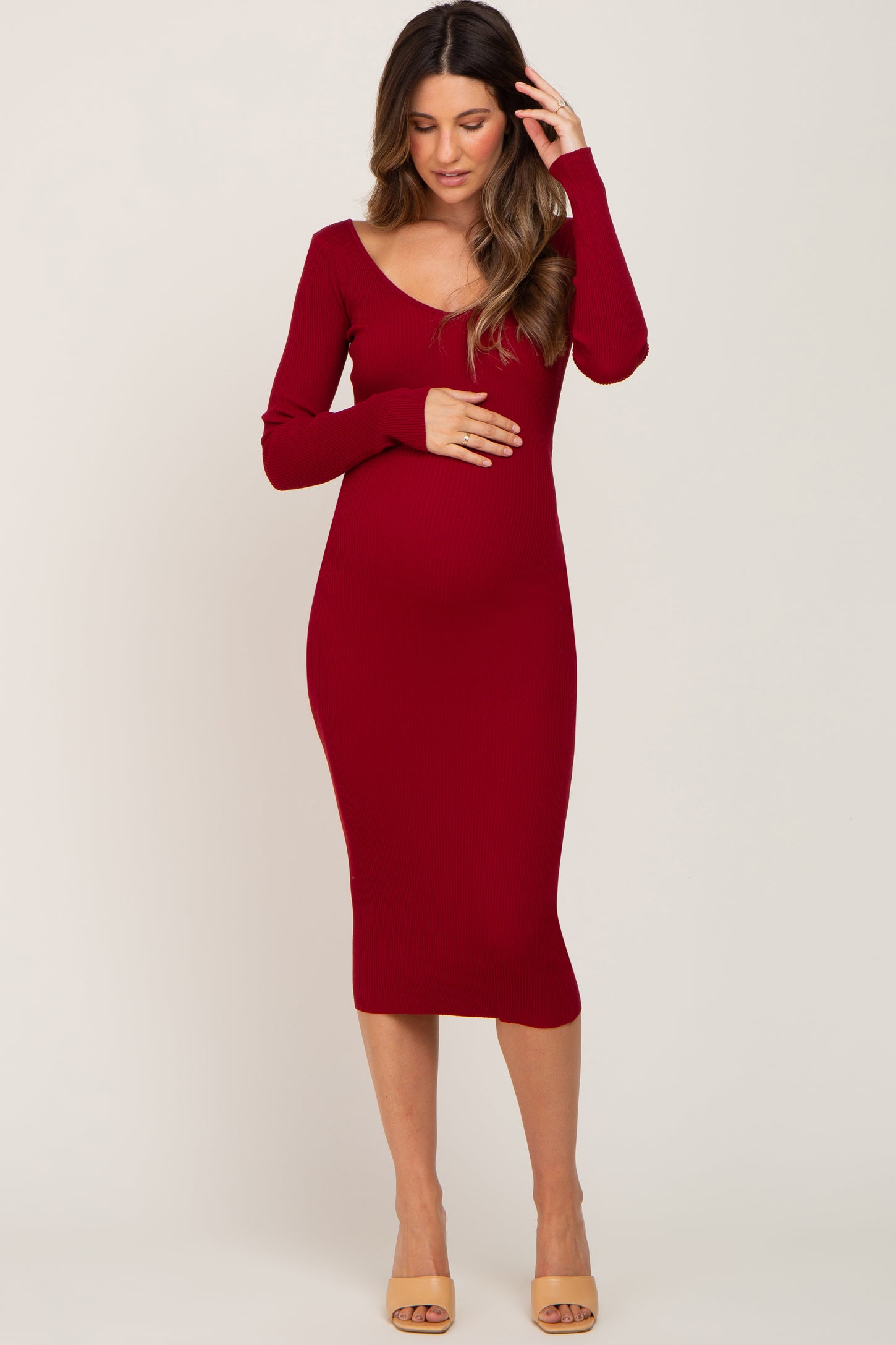 Burgundy Knit Ribbed Maternity Midi Dress PinkBlush