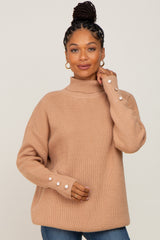 Camel Button Accent Turtleneck Maternity Sweater