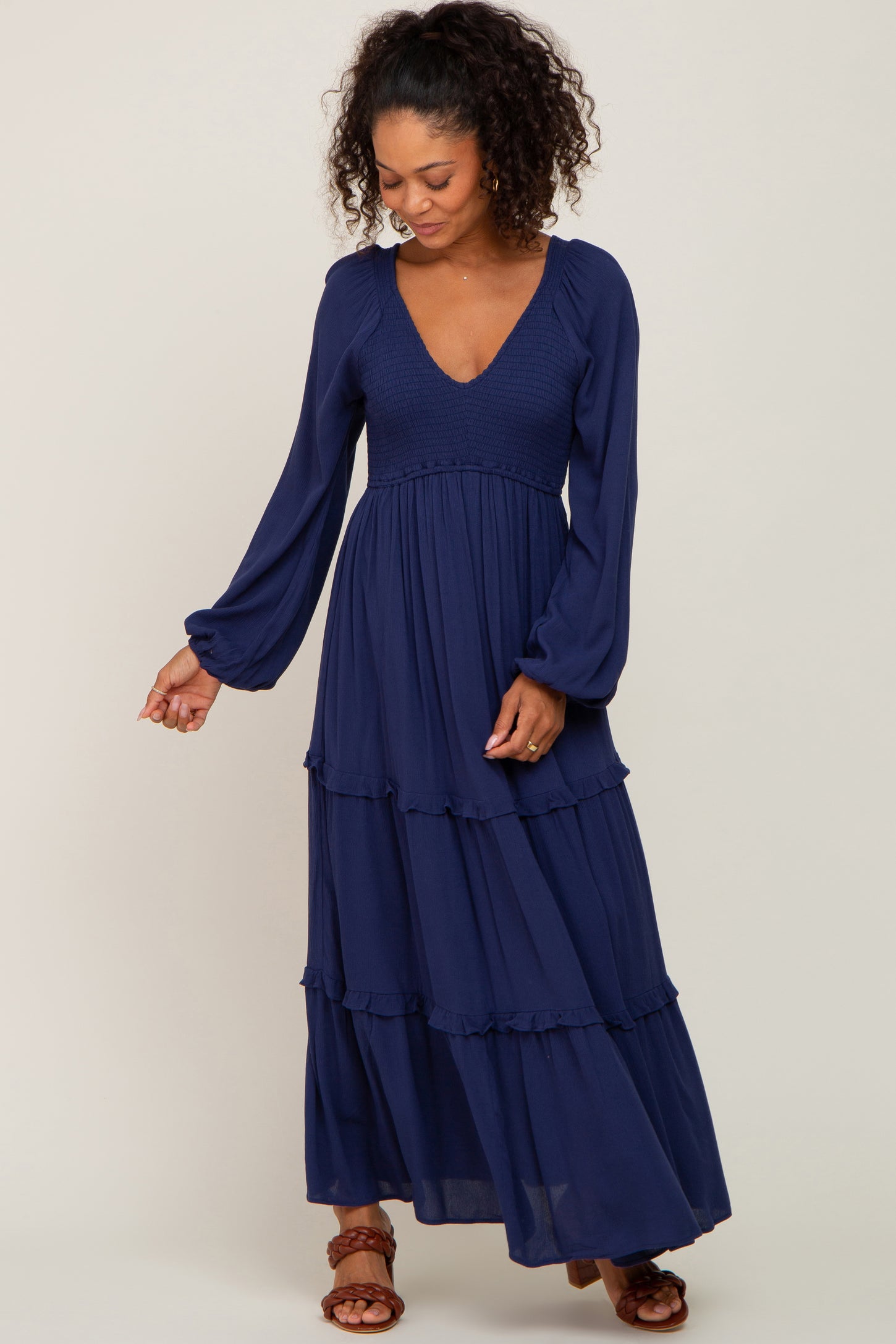 Navy Blue Smocked Tiered Maternity Midi Dress – PinkBlush