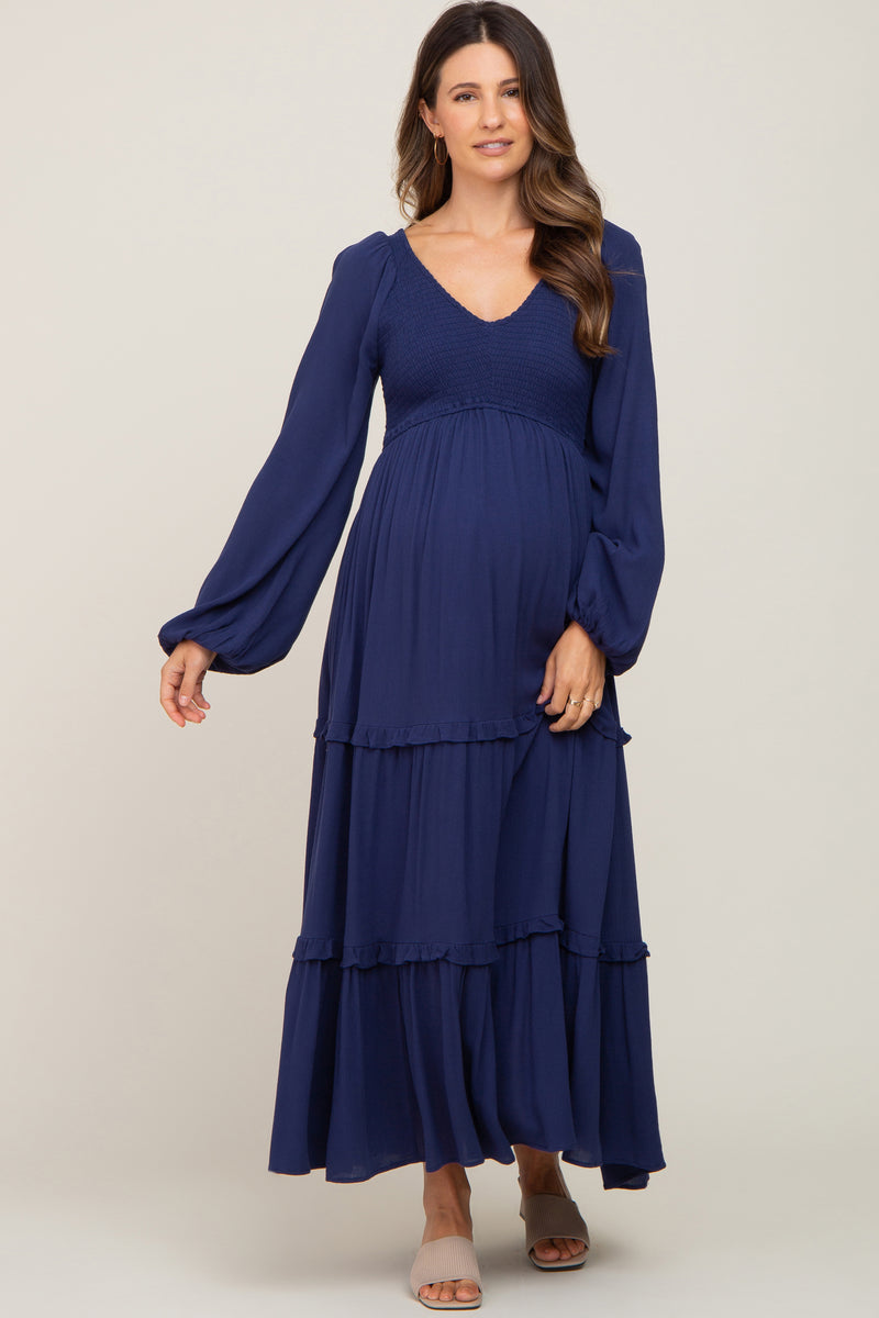 Navy Blue Smocked Tiered Maternity Midi Dress– PinkBlush