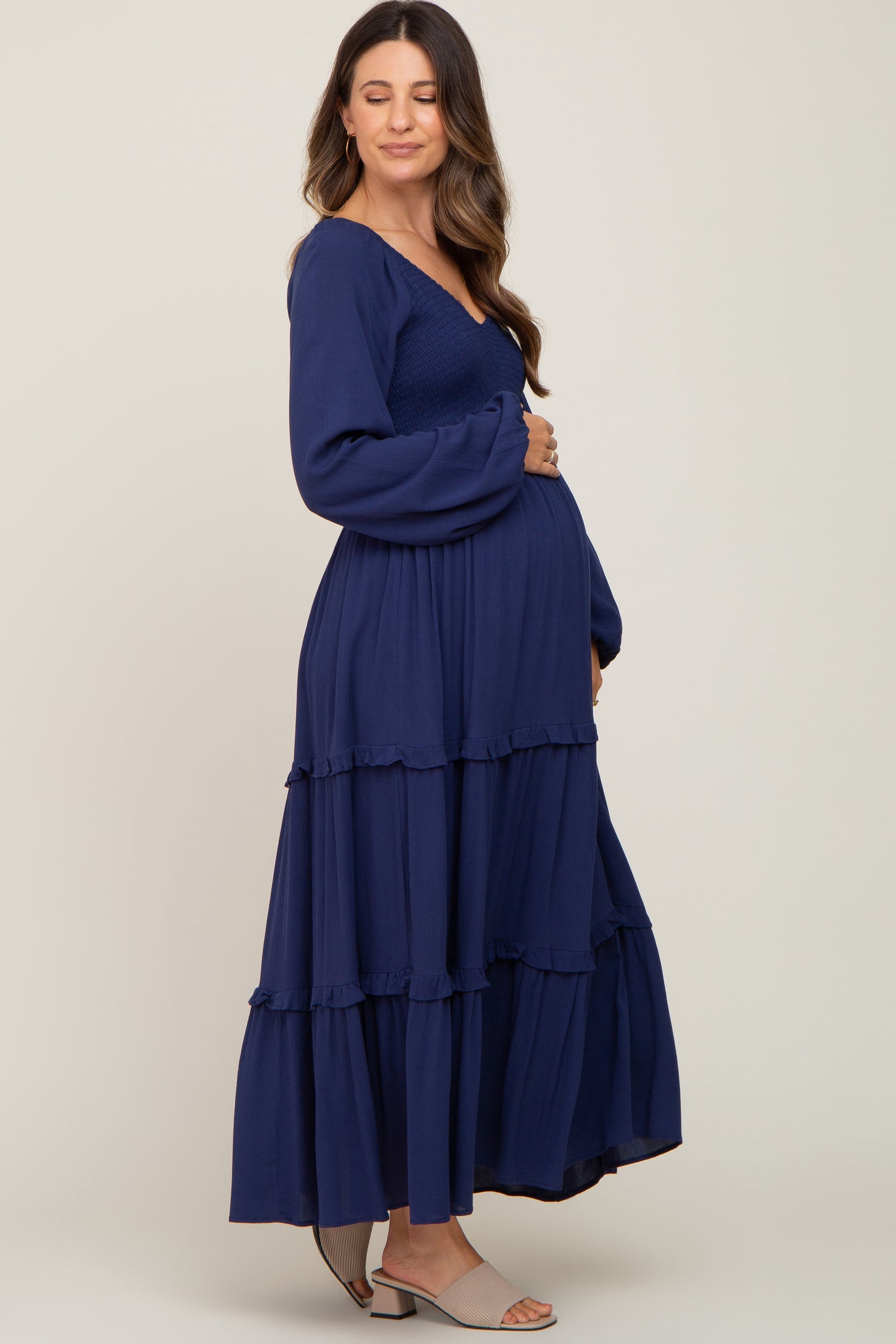 Navy Blue Smocked Tiered Maternity Midi Dress – PinkBlush