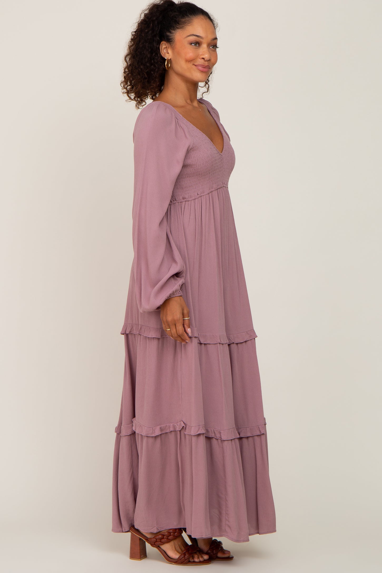 Mauve Smocked Tiered Midi Dress