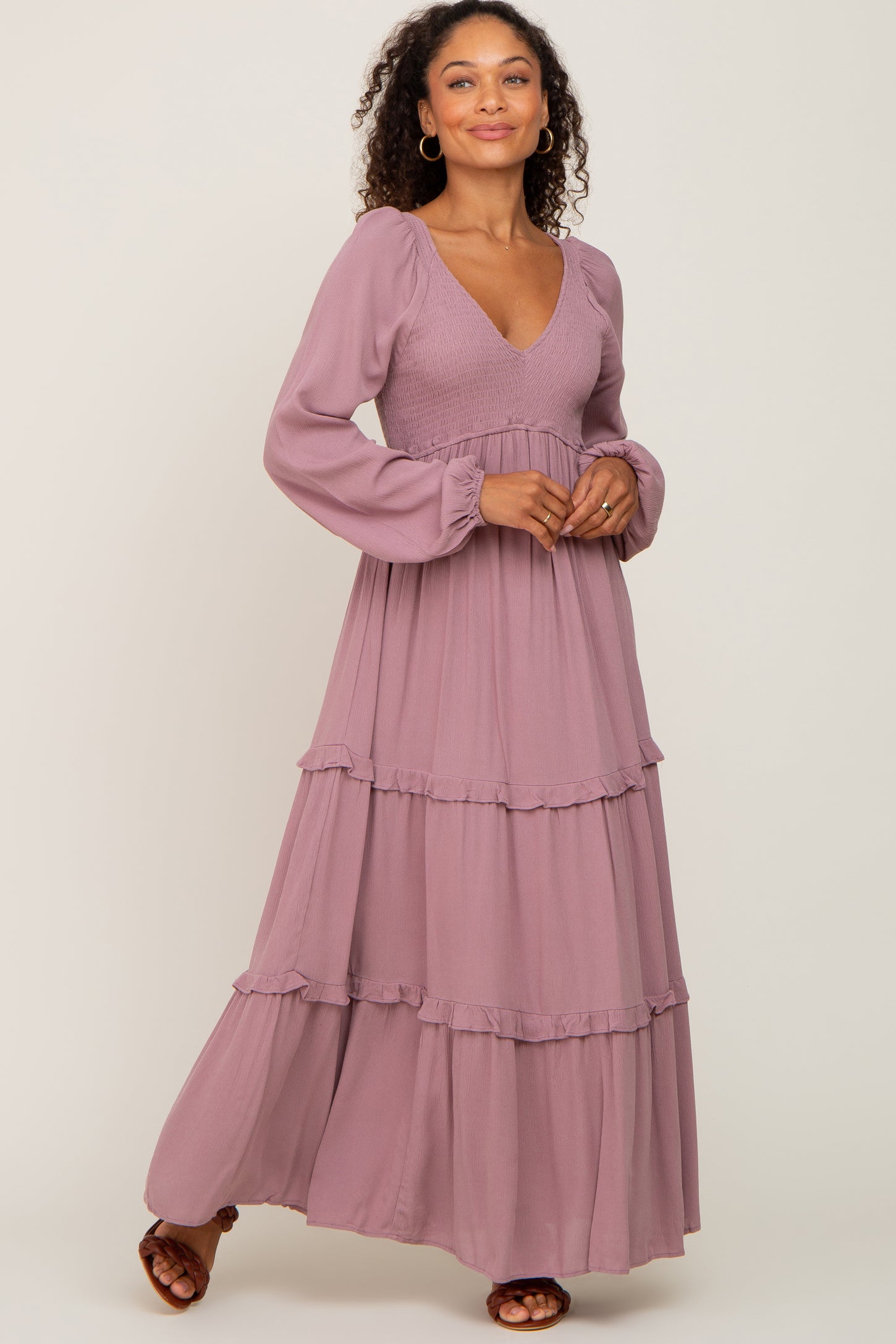 Mauve Smocked Tiered Midi Dress