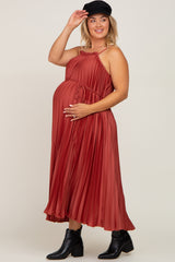 Rust Pleated Sleeveless Waist Tie Maternity Plus Maxi Dress