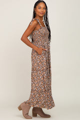 Camel Floral Sleeveless Tiered Maxi Dress