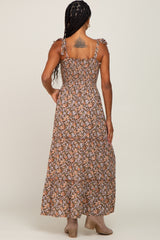 Camel Floral Sleeveless Tiered Maxi Dress