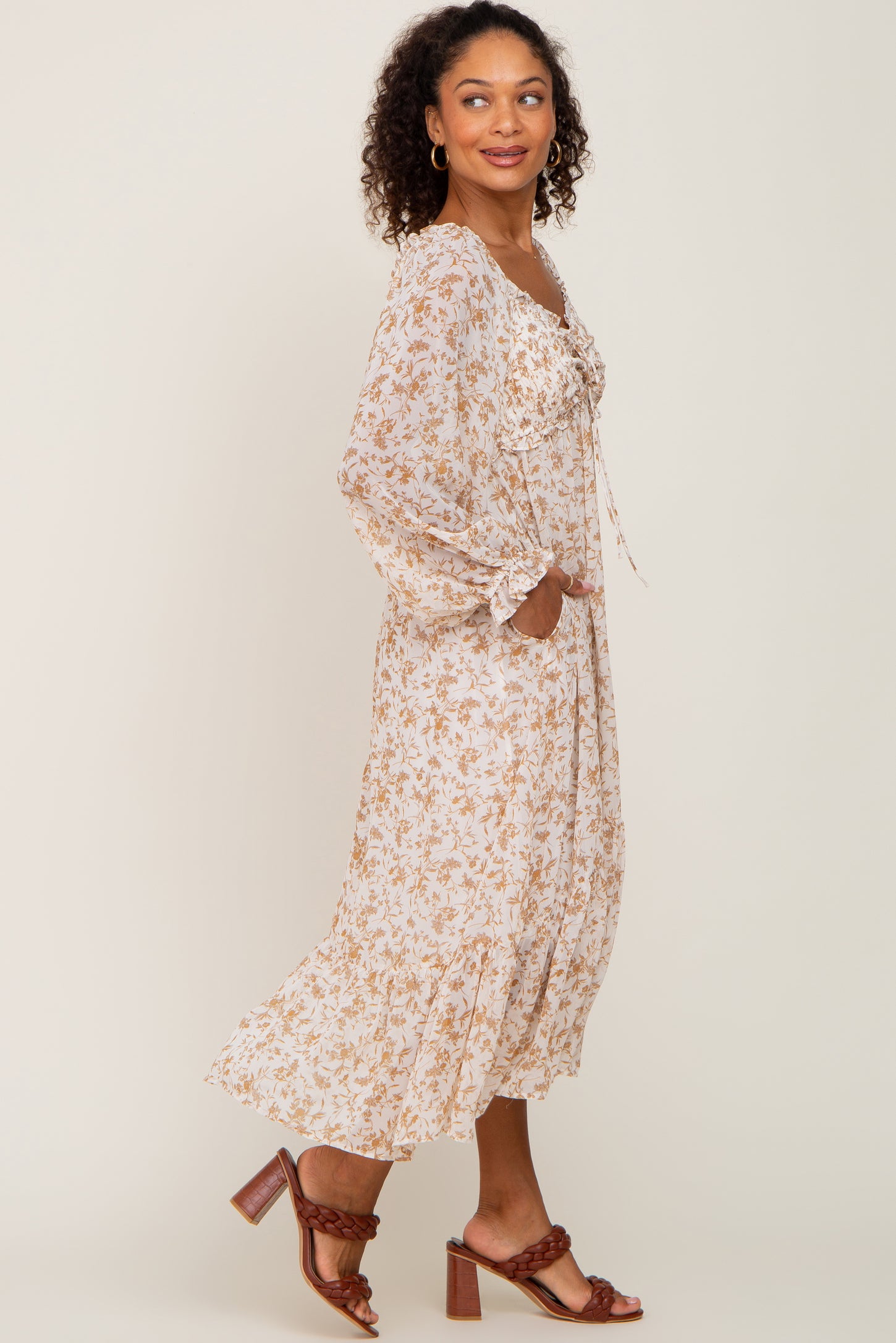 Ivory Floral Chiffon Ruffle Maxi Dress – PinkBlush