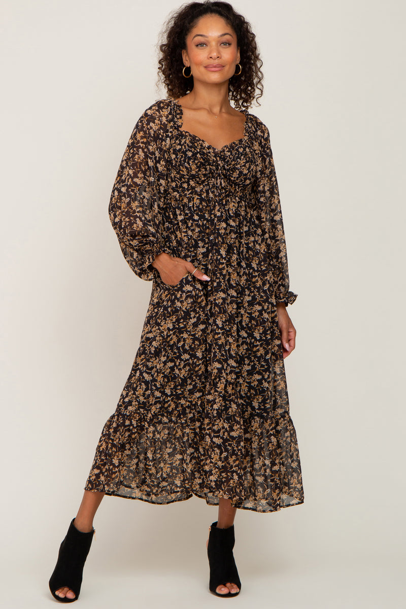 Black Floral Chiffon Ruffle Maxi Dress – PinkBlush