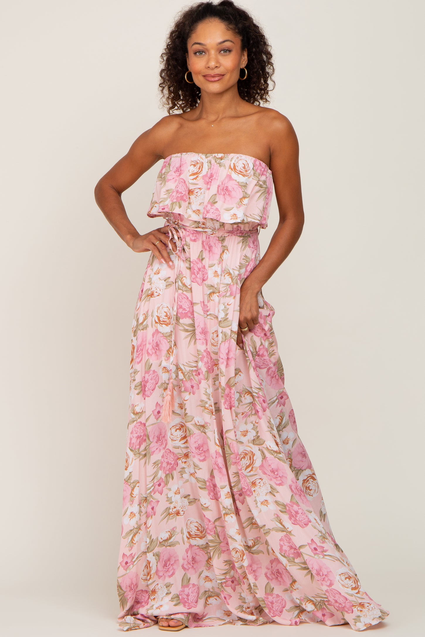 Light Pink Floral Strapless Ruffle Front Maxi Dress – PinkBlush