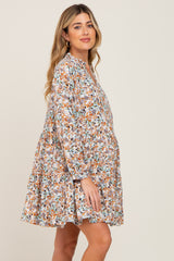 Beige Floral Button Front Tiered Maternity Dress