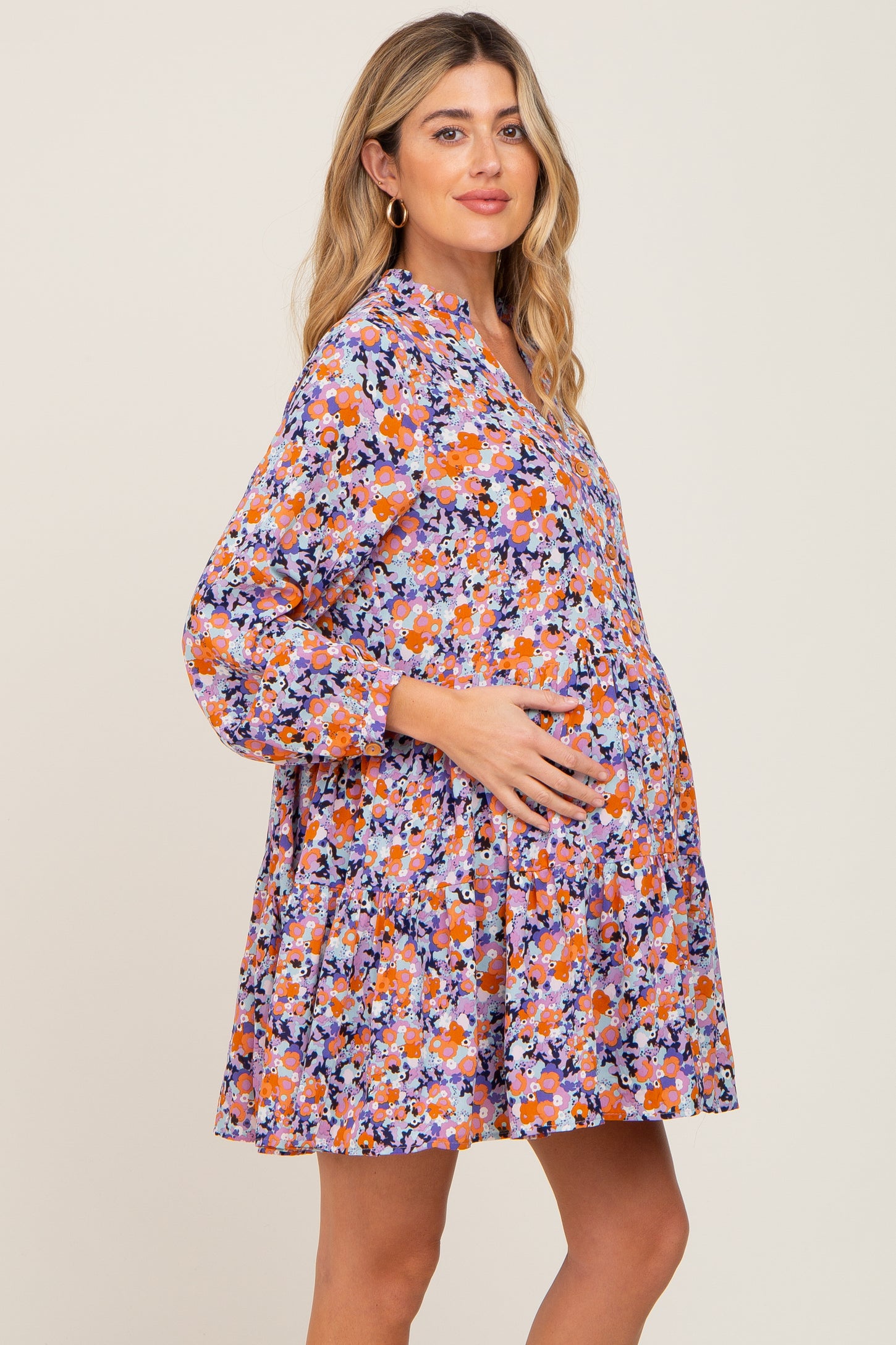 Light Blue Floral Button Front Tiered Maternity Dress