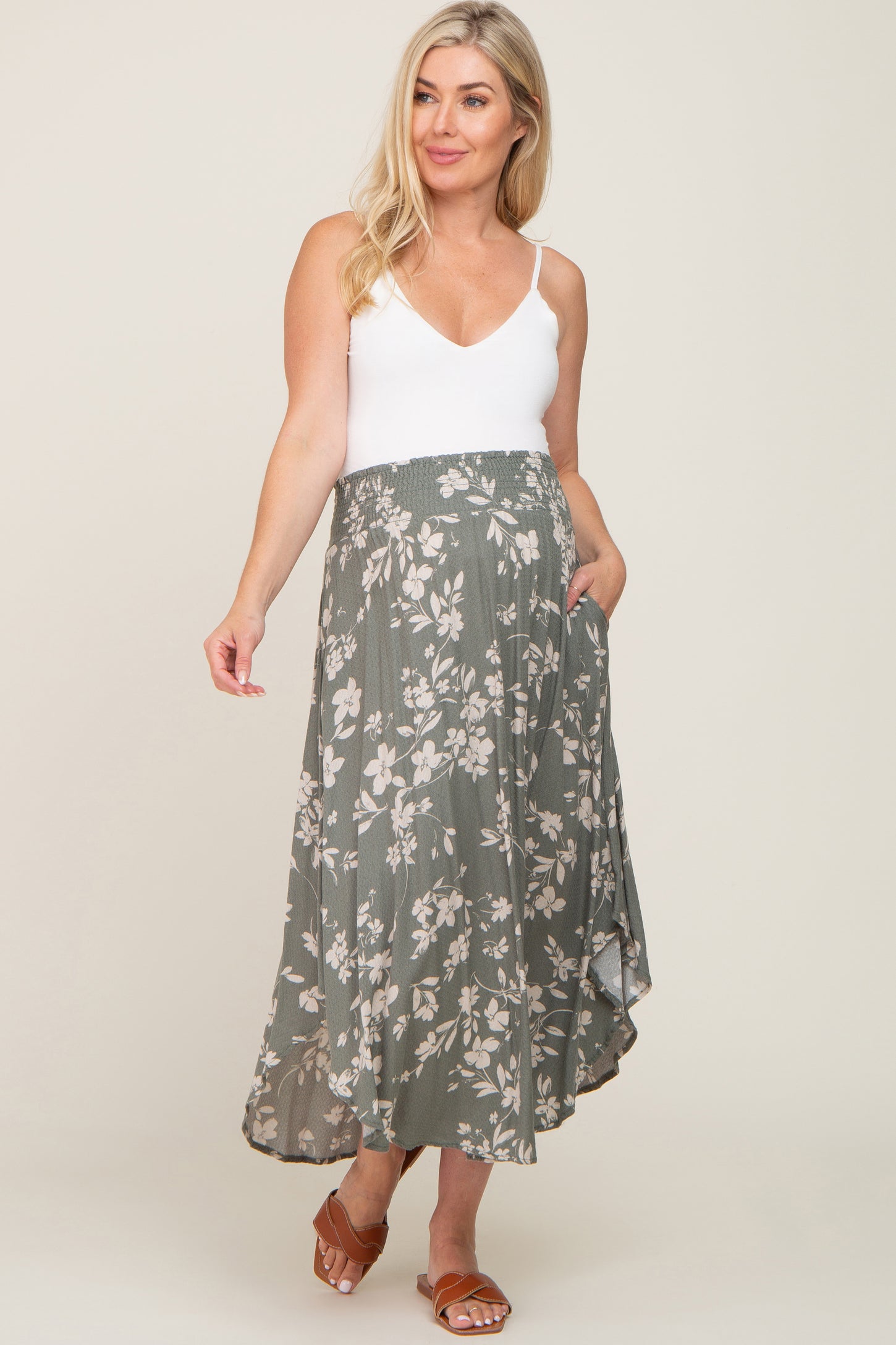Olive Floral Smocked Waist Maternity Midi Skirt– PinkBlush