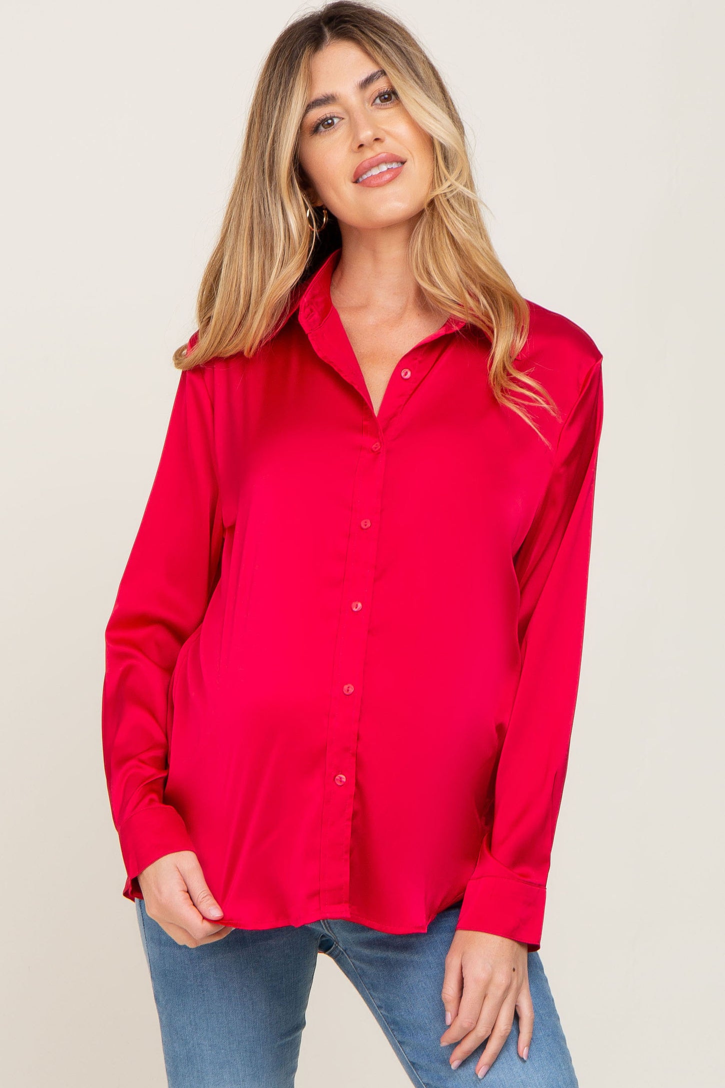 Red Satin Button Down Long Sleeve Maternity Top